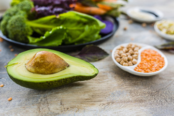 Ingredients to prepare Buddha bowl. Healthy and balanced food. 
