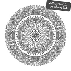 Fototapeta na wymiar Outline Mandala for coloring book. Decorative round ornament. Anti-stress therapy pattern. Weave design element. Yoga logo, background for meditation poster. Unusual flower