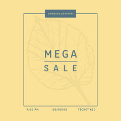 Mega sale brochure with leaf on yellow background