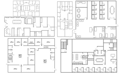 Collection of isolated office florrplans in different styles 