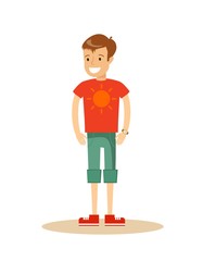 Full length portrait of teenaged brown haired Smiling boy in shorts and t-shirt , cartoon style vector illustration isolated on white background.