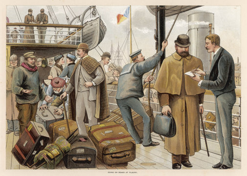 Boarding a P - O ship bound for India. Date: circa 1880