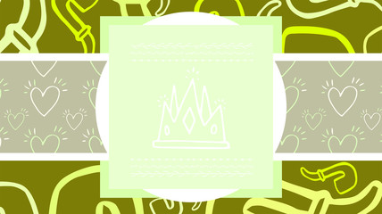 Vector of card with crown and heart shape design on green background