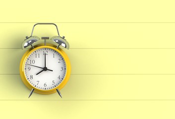 Alarm clock on yellow wooden board, 3D rendering