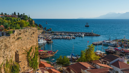 Fototapeta premium View of Antalya harbor, Mediterranean sea and seacoast, Antalya, Turkey