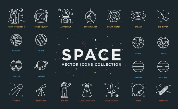Set of Thin Line Stroke Vector Astronomy and Space Icons. Spaceman, astronaut, helmet, solar system, galaxy, planet, earth, mars, satellite, alien abduction, shuttle, rocket, orbit, asteroid