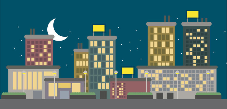 Concept of Cute Night city with isolated objects 