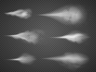 Airy water spray mist vector set. Sprayer fog isolated on black transparent background - obrazy, fototapety, plakaty