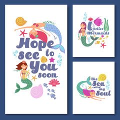 Cute kids nautical vector cards. Marine childrens invitations with funny mermaid girls