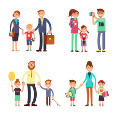 Kids and parents in happy family. Mom, dad and children vector flat characters set