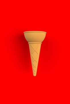 Sweet wafer cone on red background, 3D rendering