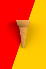 Sweet wafer cone on yellow and red background, 3D rendering