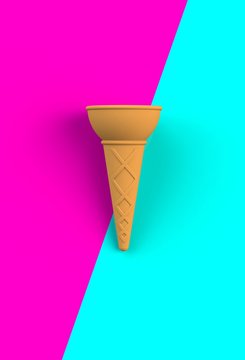 Sweet wafer cone on blue and pink background, 3D rendering