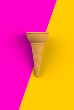 Sweet wafer cone on yellow and pink background, 3D rendering