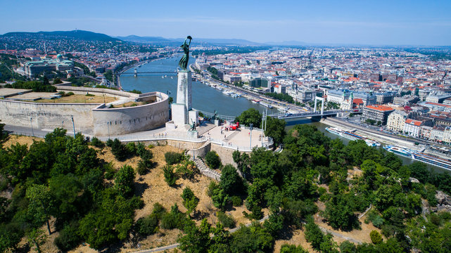 Aerial View of Budapest and the Danube River and Liberty statue