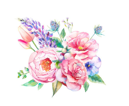 Watercolor flowers bouquet. Hand painted botanical illustration with roses, peony, marigold, lupine, tulips, wild herbs isolated on white background. Floral artwork