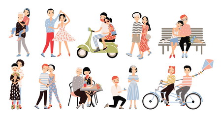 Set of couple in love. Different romantic situations walking, speaking, cycling, hugging, marriage proposal, dance, ride a moped. Colorful vector illustration in cartoon style.