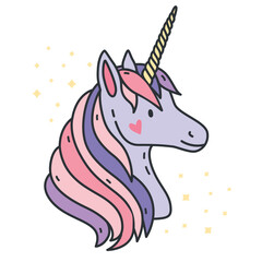 Portrait of cute unicorn. Purple fantasy animal with horn. Side view. Colorful vector illustration in cartoon style. © Good Studio