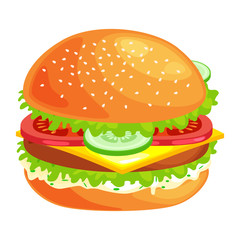 tasty burger grilled beef and fresh vegetables dressed with sauce in bun for snack or lunch, hamburger classical american fast food meal usual menu could be barbecue meat bread tomato cheese on white