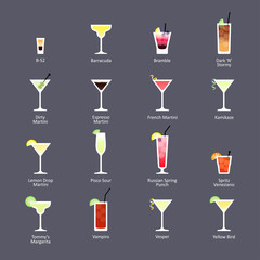 Alcoholic cocktails, IBA official cocktails New Era Drinks. Icons set in flat style on dark background