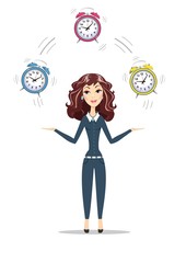 Businesswoman juggling with alarm clocks, symbolizing time management. Women in business holding Time. For use in presentations. Stock vector illustration