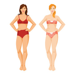 vector illustration of redhead and brunette girls in underwear on white background