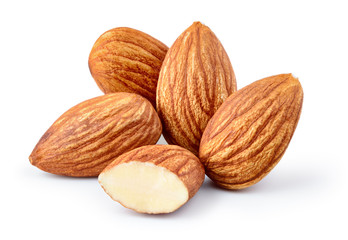 Almonds isolated. Almond on white background, clipping path included. Full depth of field.