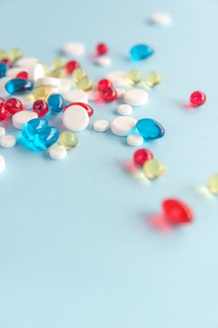 Heap of mixed colorful gel capsules
