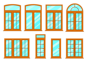 Vector collection of various windows types. For interior and exterior use. Flat style.