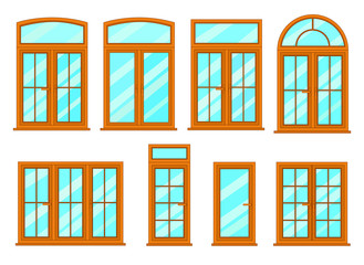 Vector collection of various windows types. For interior and exterior use. Flat style.