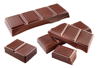 Broken milk chocolate bar. Pieces isolated on white background. With clipping path. Collection.