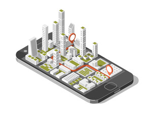 City isometric plan with road and buildings on smart phone. Map on mobile application. 3d vector illustration. 