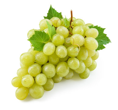 Green grape isolated. Grape with leaves on white. With clipping path. Full depth of field.
