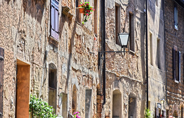 Street of historic center of Pienza in Tuscany, Italy