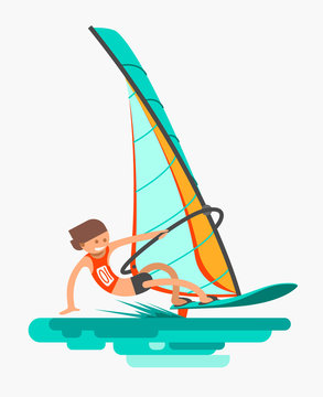 Man rushes on the board with sail. Active lifestyle. Windsurfing, water sport. Flat vector illustration.