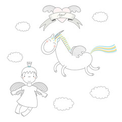 Hand drawn vector illustration of a cute little angel girl and unicorn with wings, flying, with winged heart and text Angel on a ribbon