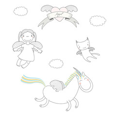 Hand drawn vector illustration of a cute little angel girl, unicorn with wings and angel cat, flying, heart and text Angel on a ribbon