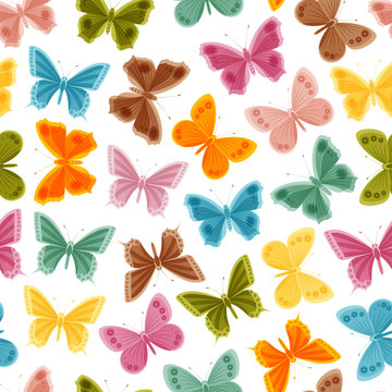 Beautiful colorful butterflies on white background. Seamless pattern