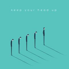 Think positive and keep your head up vector concept. Optimistic businessman standing in front of the line of pessimistic businessman.