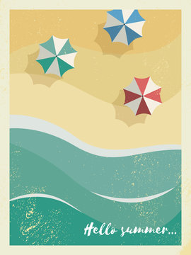 Summer holiday or party poster or postcard template with sunny sandy beach, sea with waves and umbrellas with vintage frame and typography.