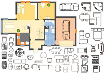 Floorplan with isolated furniture elements in top view 
