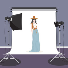 Photo studio with a model and isolated studio objects