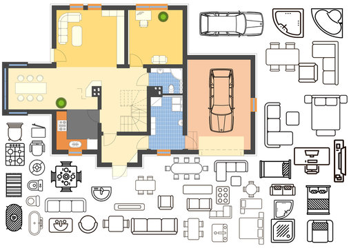 Floorplan with isolated furniture elements in top view 