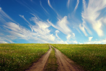 Fototapeta na wymiar Rural road through green fields against the background of unusual sky