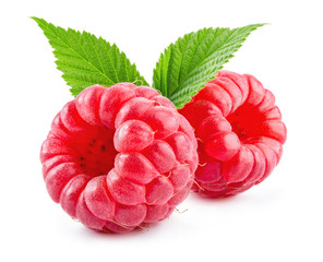 Raspberry with leaves isolated on white background. - obrazy, fototapety, plakaty