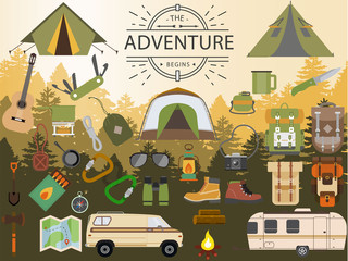 Camping isolated elements equipment set with diffirent objects