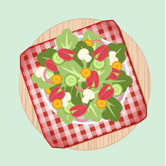 Salad dish on picnic table in top view with isolated elements vector