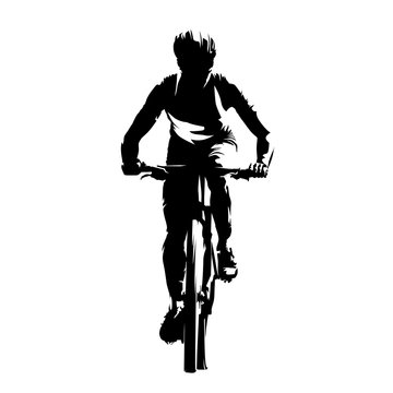 Mountain biker, front view, abstract vector silhouette. Cycling