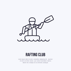 Rafting, kayaking flat line icon. Vector illustration of water sport - rafter with paddle in river raft. Linear sign, summer recreation pictogram for paddling gear store.