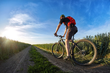 Fototapeta na wymiar Cyclist in the helmet riding mountain bicyclist on outdoor trail against sunrise.